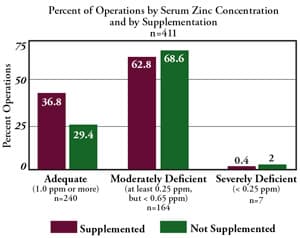 Bar chart showing serum zinc levels in 111 cattle operations: most operations fall into moderately deficient category (62.8% supplemented, 68.6% not supplemented), with supplementation reducing severe deficiency from 2% to 0.4%